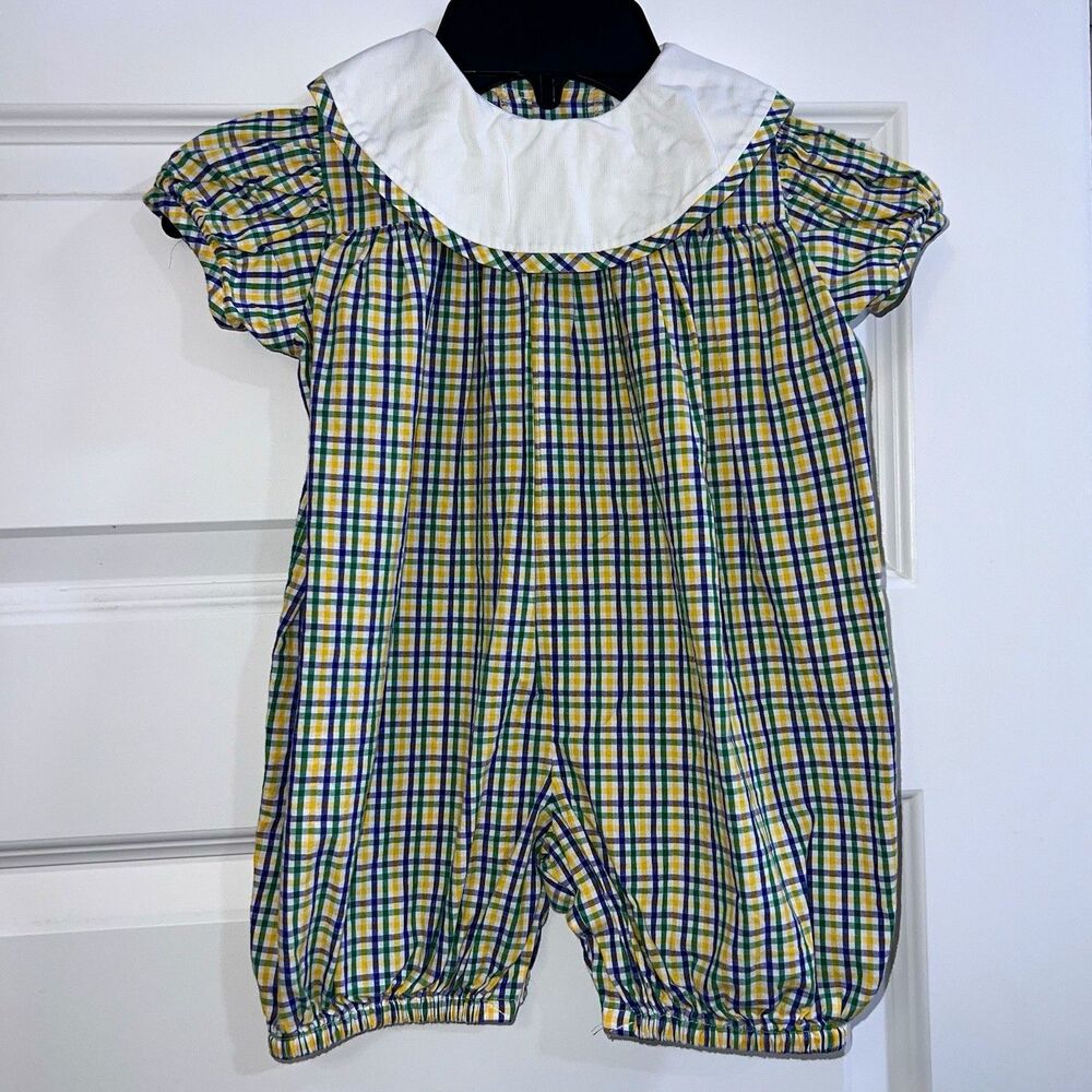 Boutique Mardi Gras Romper 18 Month 100% Cotton Plaid Romper White Collar